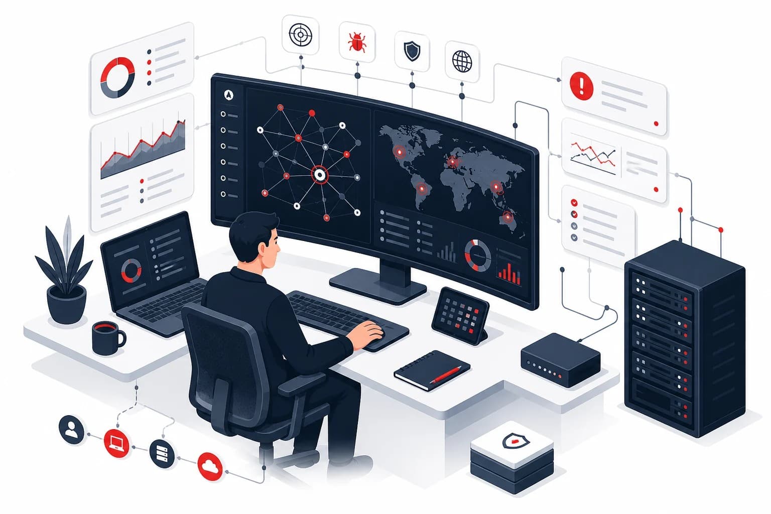 Cybersecurity operations illustration with monitoring dashboards and secure infrastructure