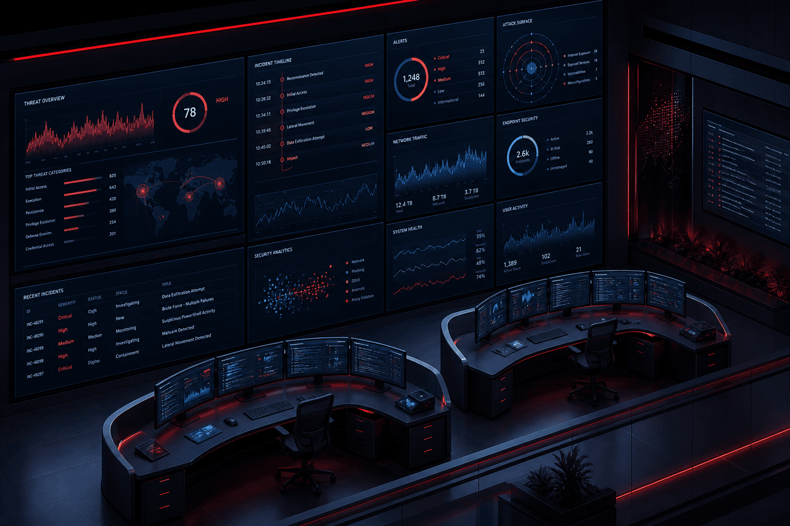 Security operations centre visualisation with threat detection, incident timelines, and network telemetry