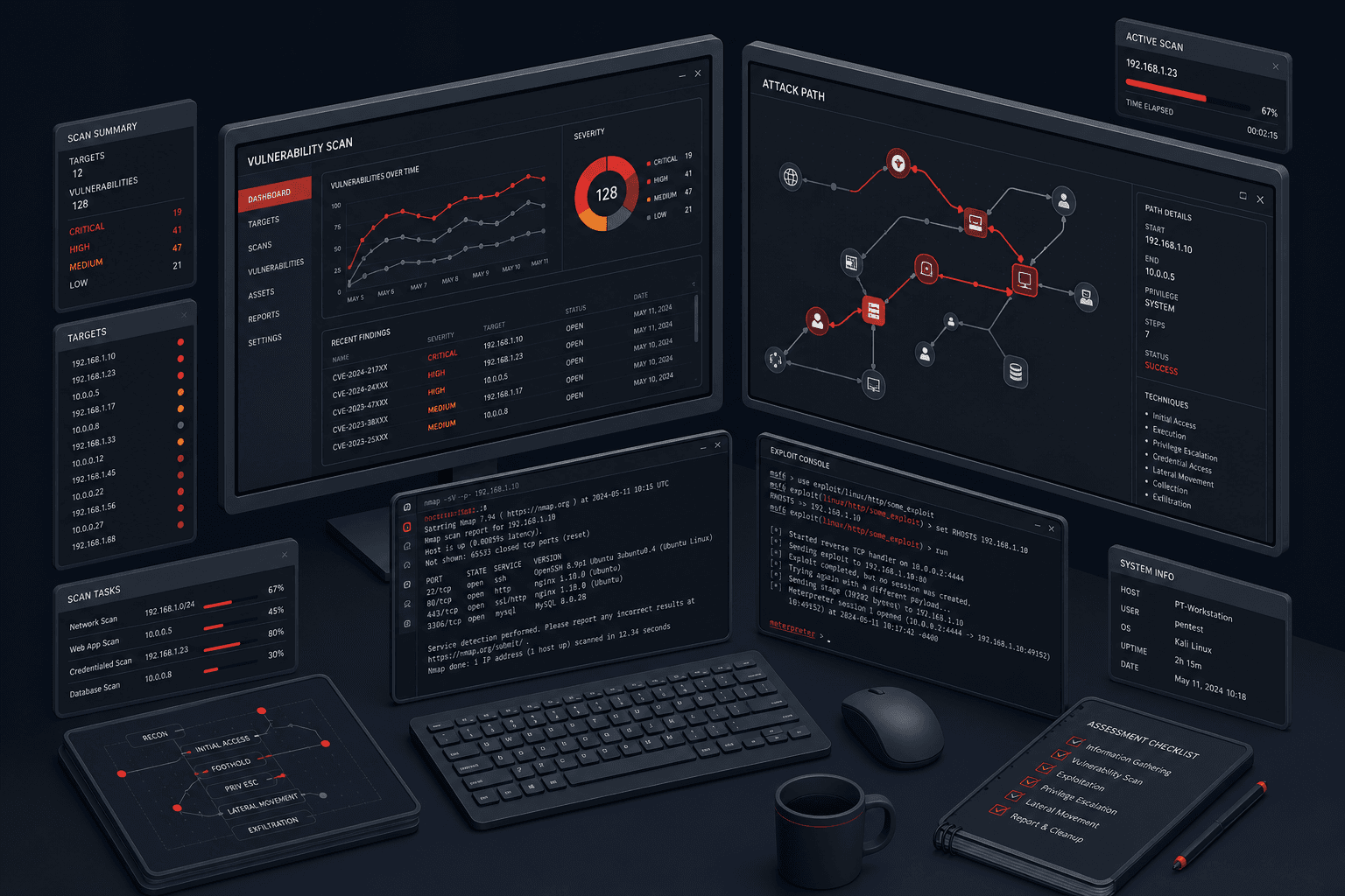 Penetration testing environment with vulnerability scans, attack-path analysis, and security terminals